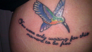 Flying Bird With Quote Tattoo On Shoulder