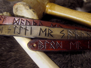... leather snap bracelet (Viking runescript sayings, names, or runes