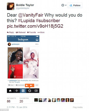 ... to point out that Miss Nyong'o's dark skin looks noticeably lighter