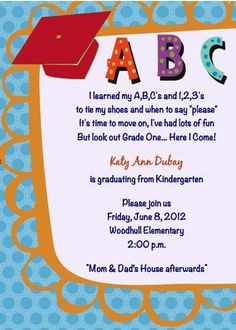 Children's Kindergarten Graduation Hat ABC/123, Pre-K Invitations ...