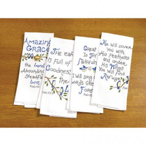 Bible Verse Tea Towels with Embroidered Psalms and Birds