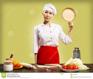 Chinese Woman Chef Holding Ceramic Pan Stock Photo Image