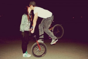 bike, couple, cute, fashion, guy, kiss, love, pretty, scary
