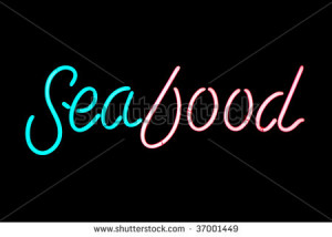 Pink and blue seafood neon sign isolated on black background - stock ...