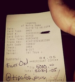An Indiana restaurant wait staff was delighted to find a $5,000 tip on ...