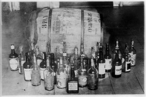 Confiscated barrel and bottles of whiskey circa 1921.