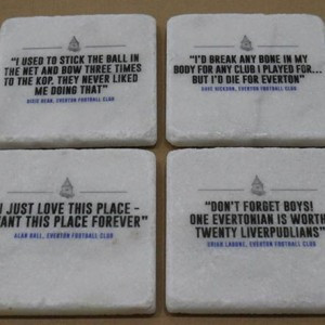 Home » Coasters » 4 Tumbled Marble Coasters – Everton FC Quotes