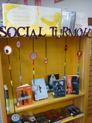 Social Turmoil book display including books about race relations ...