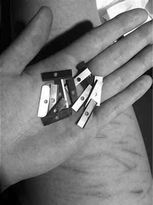 Black and White suicide pain self harm cutting cuts anger razor blades