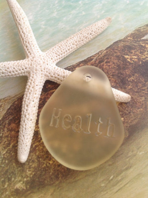 mm sea glass word bead~health quote frosted glass~drilled yellow sea ...