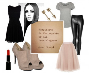 ... outfit from polyvore with Coco Chanel quote and suede shoe boots