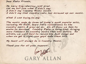 Gary Allan sends out an apology letter to country radio