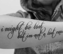 black and white, girl, lost, photography, quote, tattoo, text
