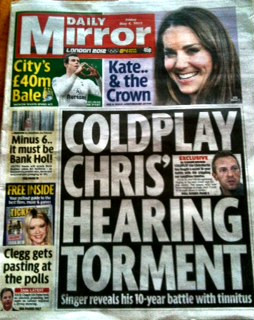 Chris Martin, Coldplay, tinnitus: rock music-induced hearing loss
