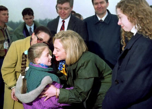 Hillary Clinton kisses Emina Bicakcic, aged eight, from Sarajevo who ...