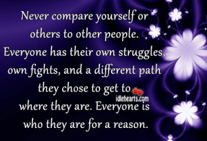 Never compare yourself or others to other people. Everyone has their ...