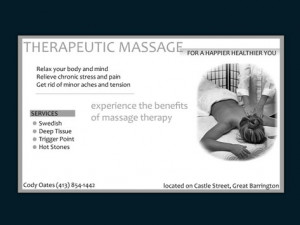 cody oates massage therapist business card front business card back