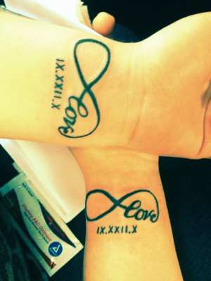 Couple tattoo, love infinity with the date in Roman numberals on wrist