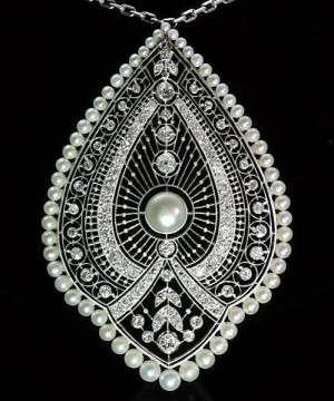 One of a kind magnificent Edwardian platinum lace diamond pearl ...