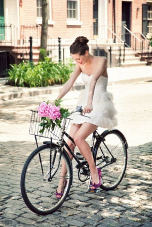 Ivory dress w/ Feathers and Purple shoes, ride that bike!!!