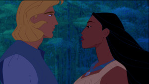 John Smith and Pocahontas gaze into each other's eyes as the windy ...