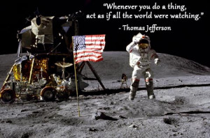 Astronaut and American flag on moon surface with Thomas Jefferson ...