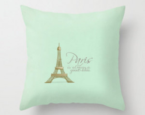 MINT Vintage Paris Audrey Hepburn Quote Typography Throw Pillow 