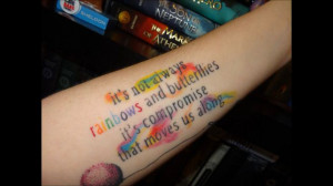Rainbows and Butterflies quote with watercolored ink tattoo