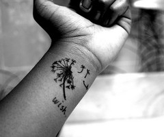 Wrist Dandelion Tattoos with Word Quote “Wish”