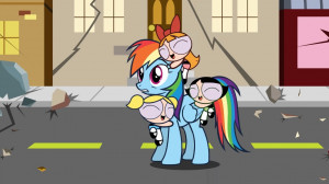 Blossom, Bubbles and Buttercup hugging Rainbow Dash