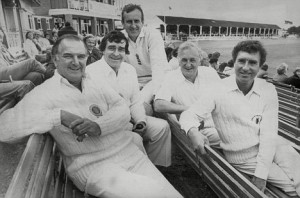 ... to r Tom Graveney, Fred Trueman, Lord Ted, Don Brennan and Fred Titmus