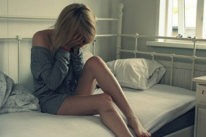 sad, alone, crying, girl, on, bed