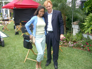 David Caruso as Lt. Horatio H. Caine and Enya Flack on CSI: Miami set