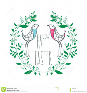 Happy Easter with floral decorative elements, swirls, birds, quotes ...