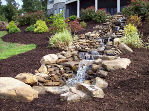 added a water feature with a dry stream bed concrete patio that was