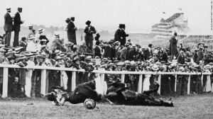 Suffragette Emily Davison is knocked to the ground by the King's horse ...