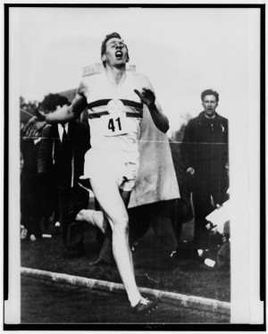 Roger Bannister crossing the finish line in three minutes and 59.4 ...
