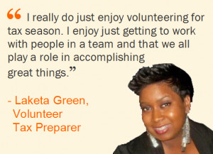 quote from Just Harvest volunteer tax preparer Laketa Green