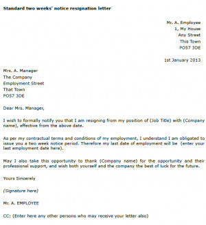 resignation letter formal 2 weeks notice