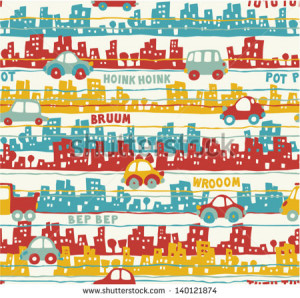 Cute Urban Traffic - Vector Seamless Pattern Of Buildings And Cars