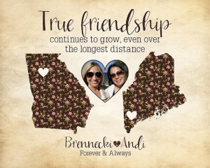 True Friendship Quote, Long Distance Best Friend Gift, Maps, Floral ...