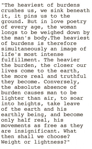 Kundera from The Unbearable Lightness of Being. One of my favorite ...