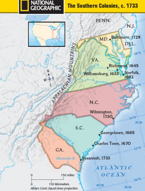 ... map of the original colonies in 1733 from National Geographic