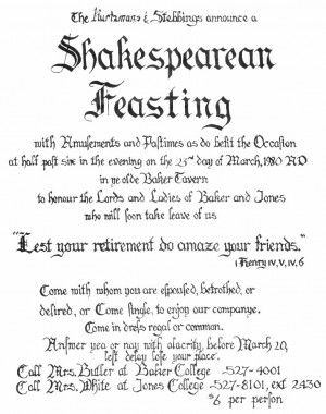 An invitation to Baker Shakespeare Feast: one of the earliest known.