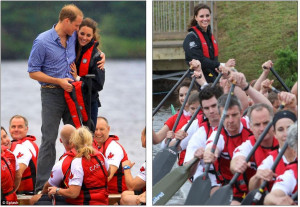 ... William hug before taking part in a dragon boat race on opposing teams