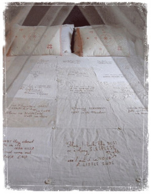 Gorgeous idea to add quotes and embroider onto your bedspread.