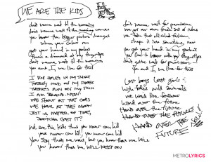 Handwritten lyrics from Nick Petricca, lead singer of Walk The Moon.