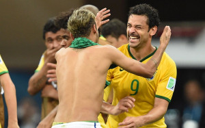 Brazil's forward Neymar (L) celebrates with Brazil's forward Fred at ...