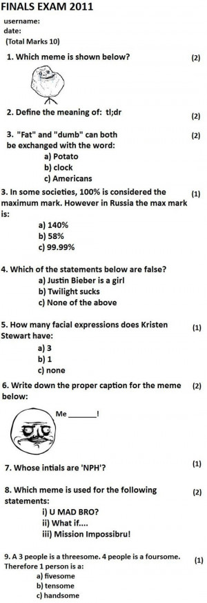 funny final exam Internet memes test