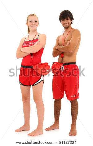 Boy and girl teen lifeguards in uniform over white background smiling ...